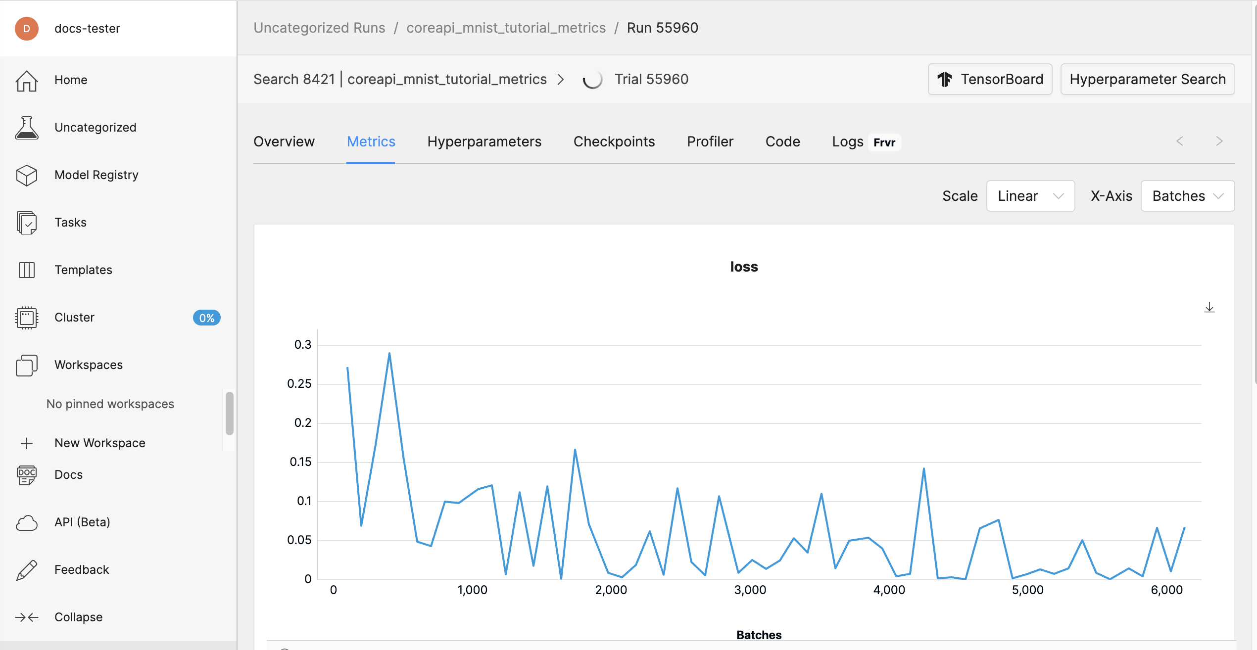 Determined AI WebUI Dashboard showing experiment metrics