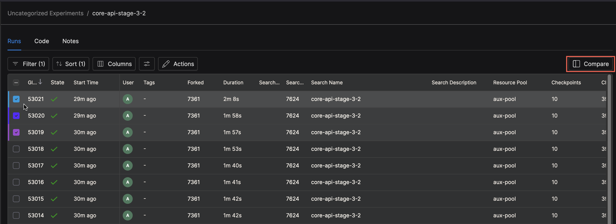 WebUI showing list of runs for comparison