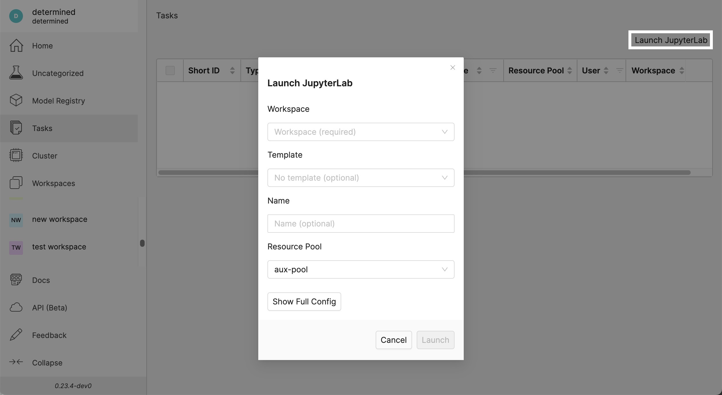 Determined AI model training interactive WebUI where you can launch a new Jupyter Notebook.