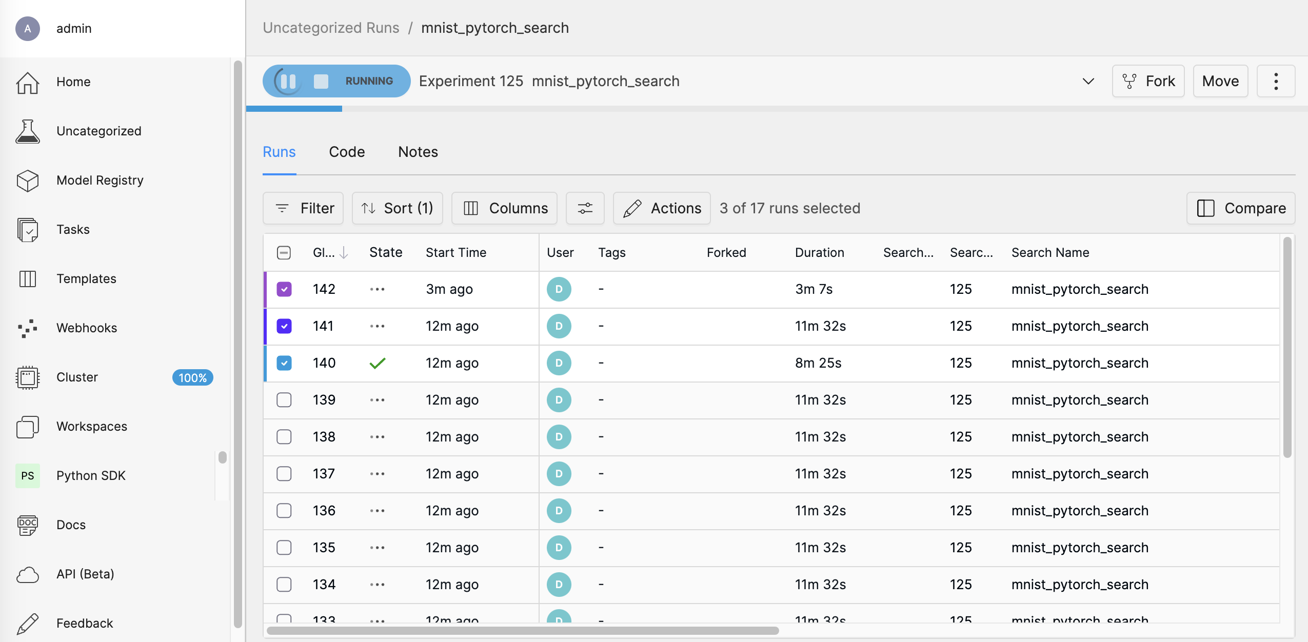 Determined AI WebUI Dashboard with mnist pytorch search selected and ready to compare