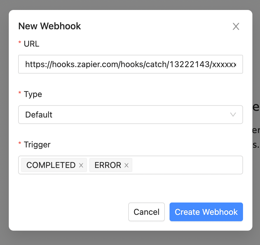 Webhooks page displaying New Webhook fields including triggers.