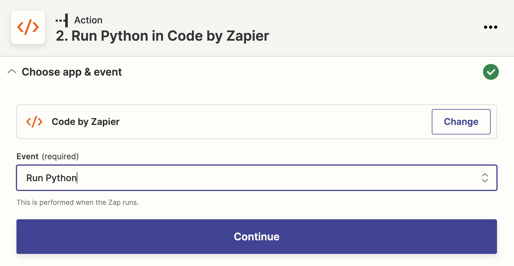 Code by Zapier action with a Run Python event