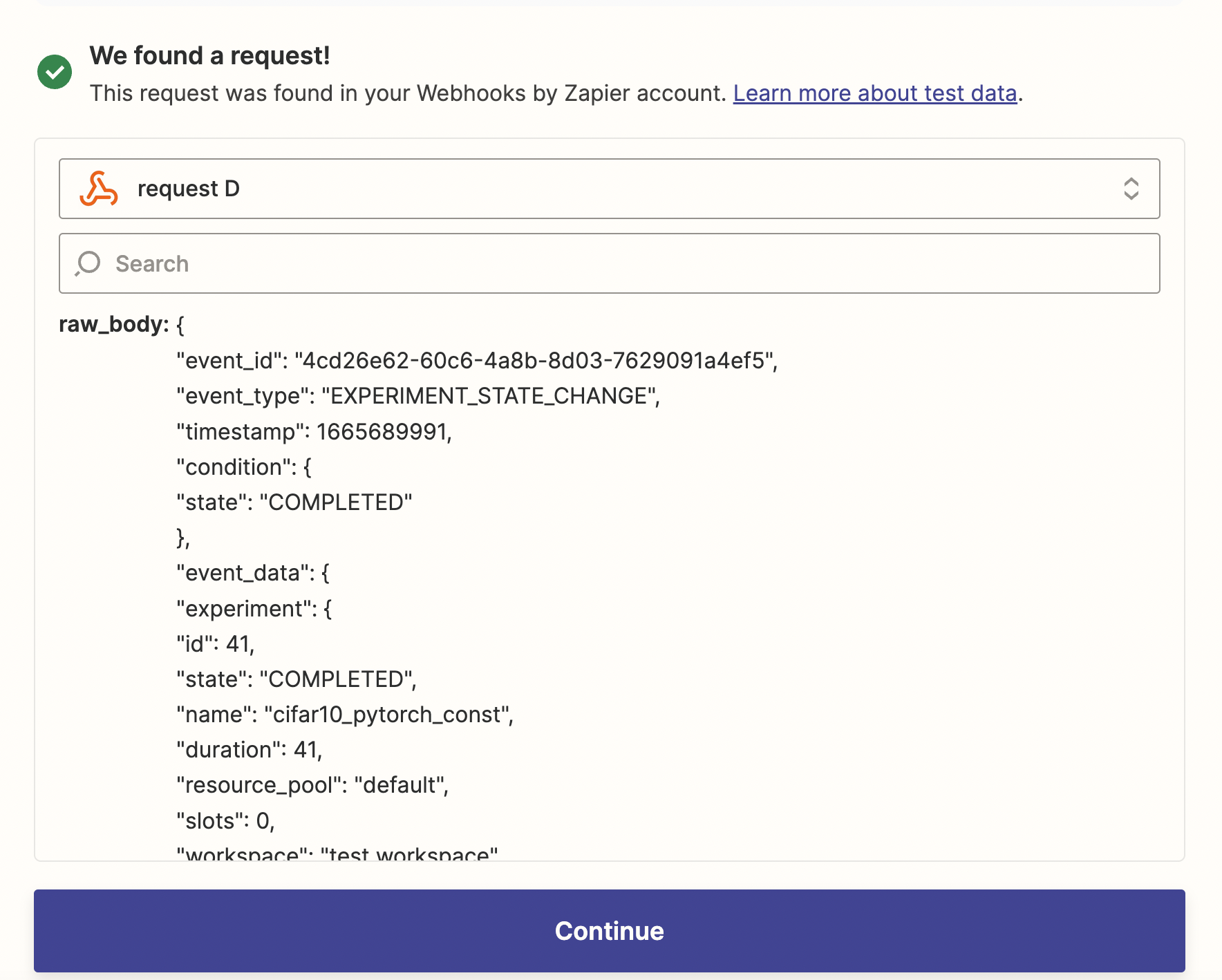 Zapier Webhooks request page showing that your request was found.