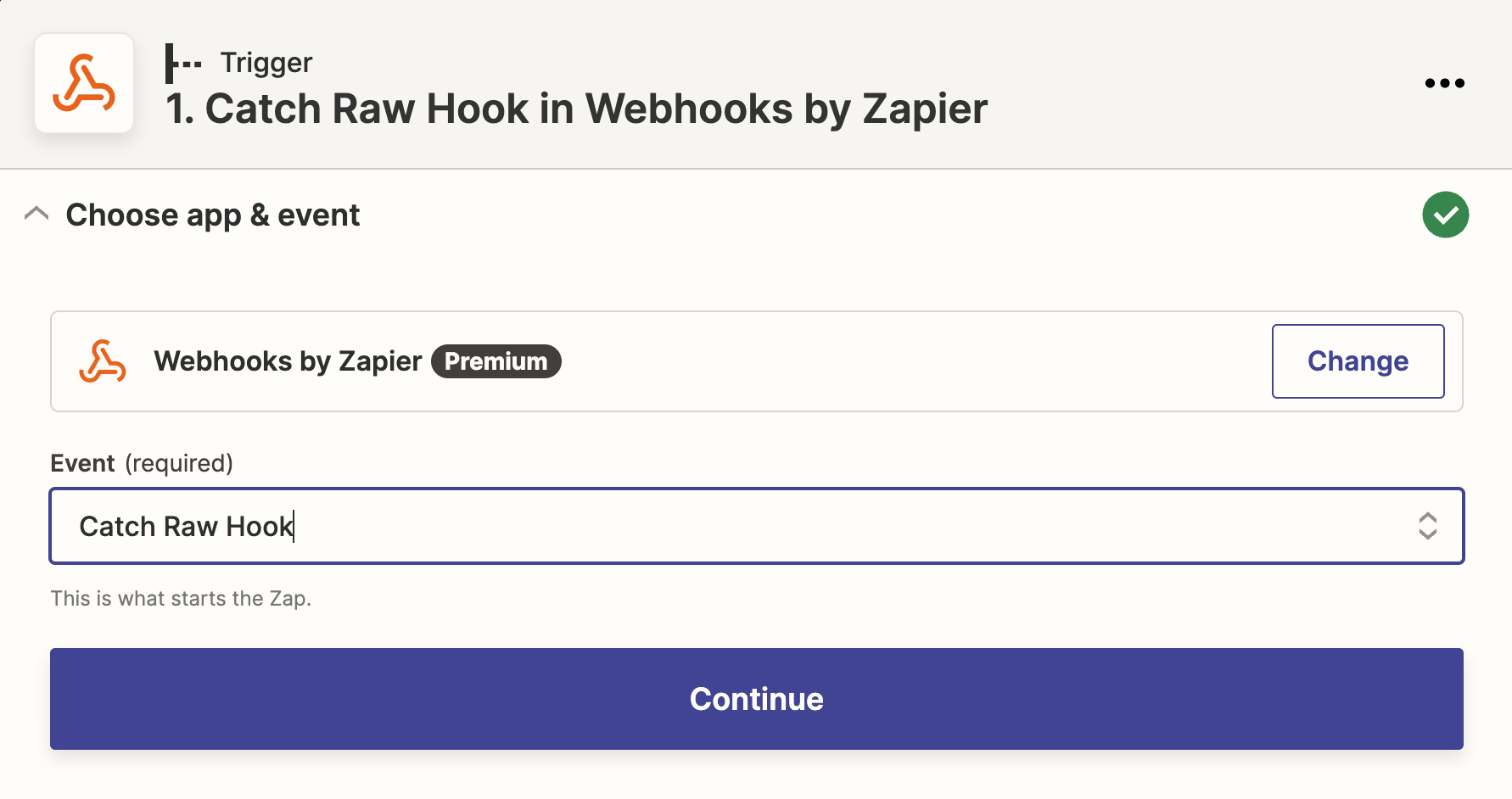 Zapier Webhooks page displaying Catch Raw Hook event selected