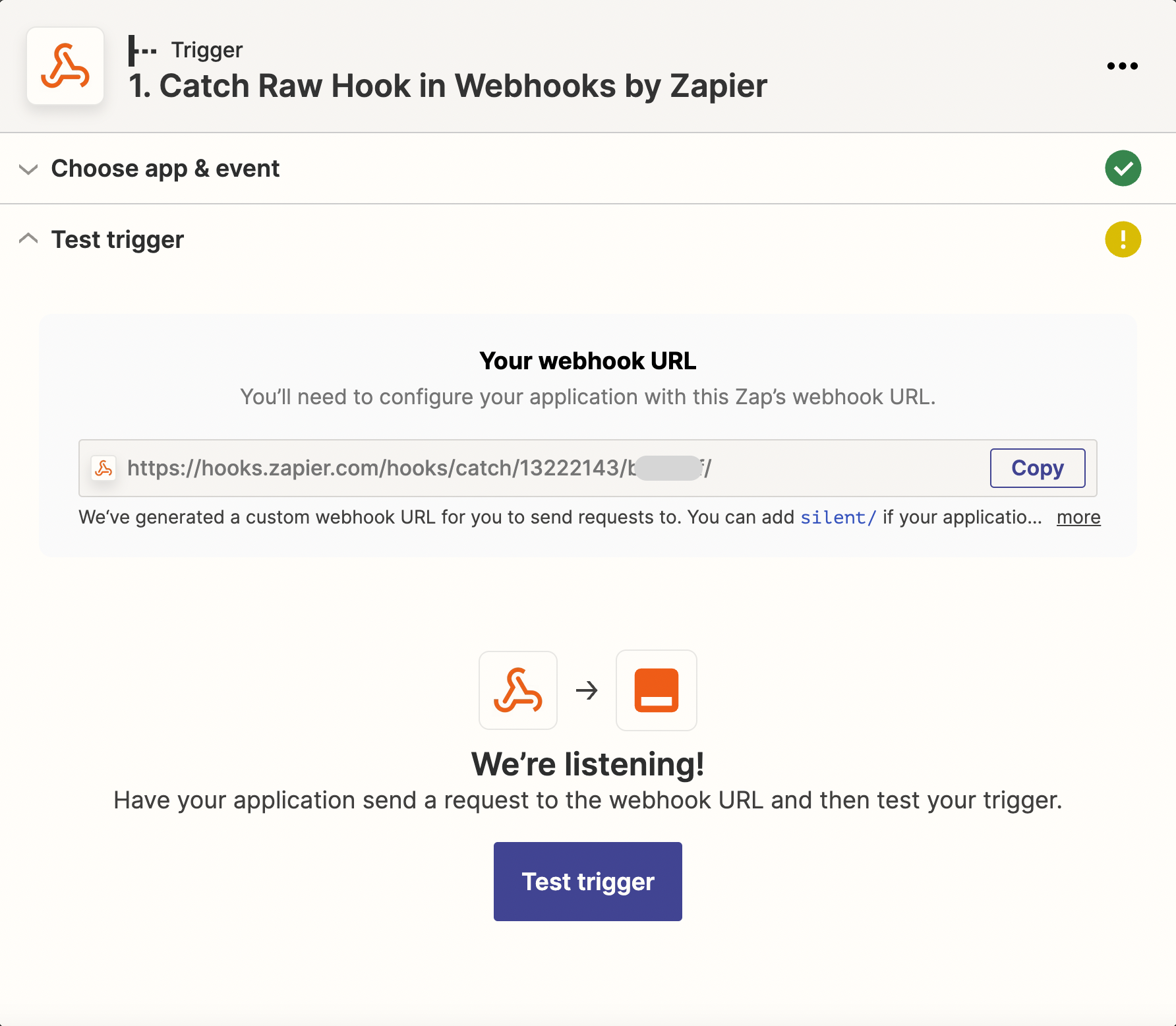 This is where your webhook URL displays in Zapier